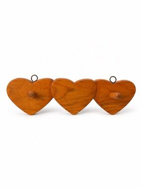 Vintage Wooden Triple Heart Wall Rack 2 Pegs Cottage Farmhouse Decor